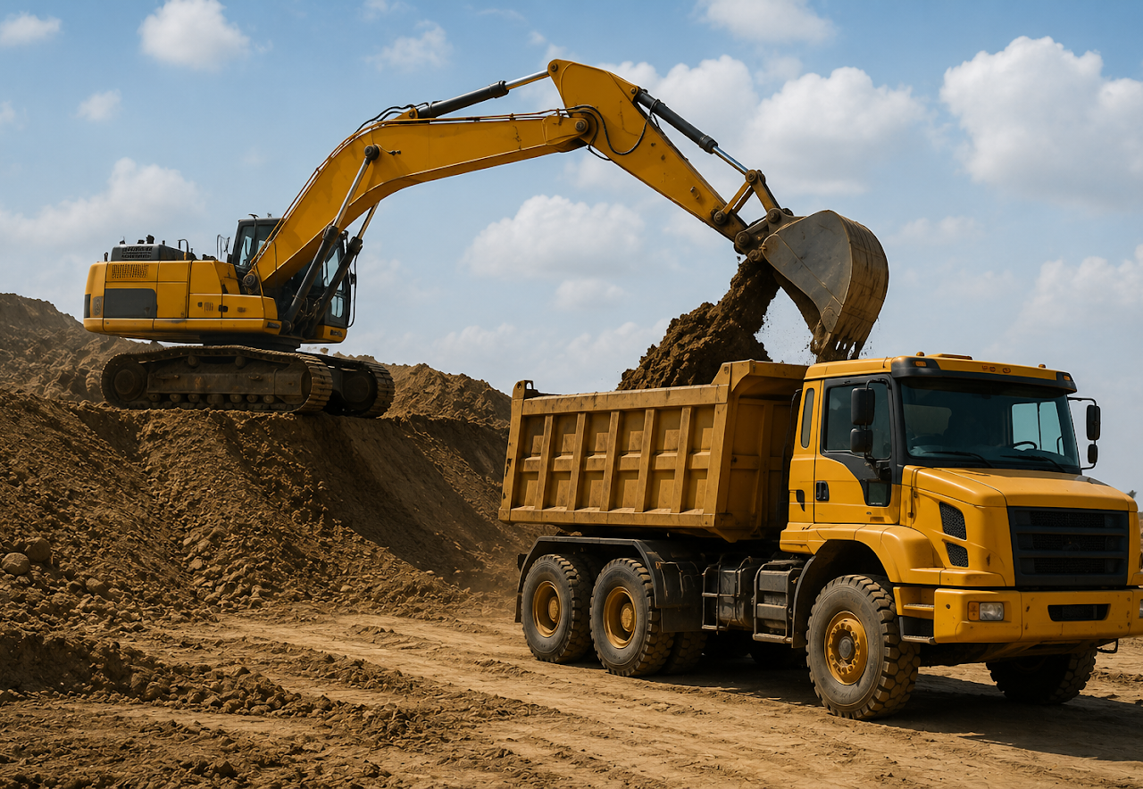Excavator loading earth into a dump truck on a worksite